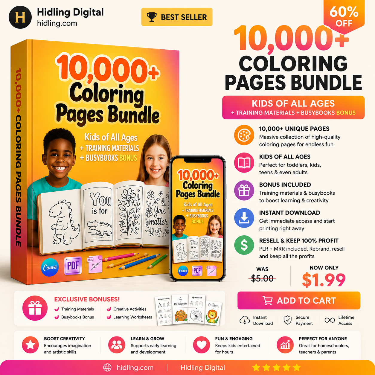 10,000+ Kids Coloring Pages Bundle | Printable Activity Sheets with PLR & MRR Rights + 620+ Bonus Busy Book Pages
