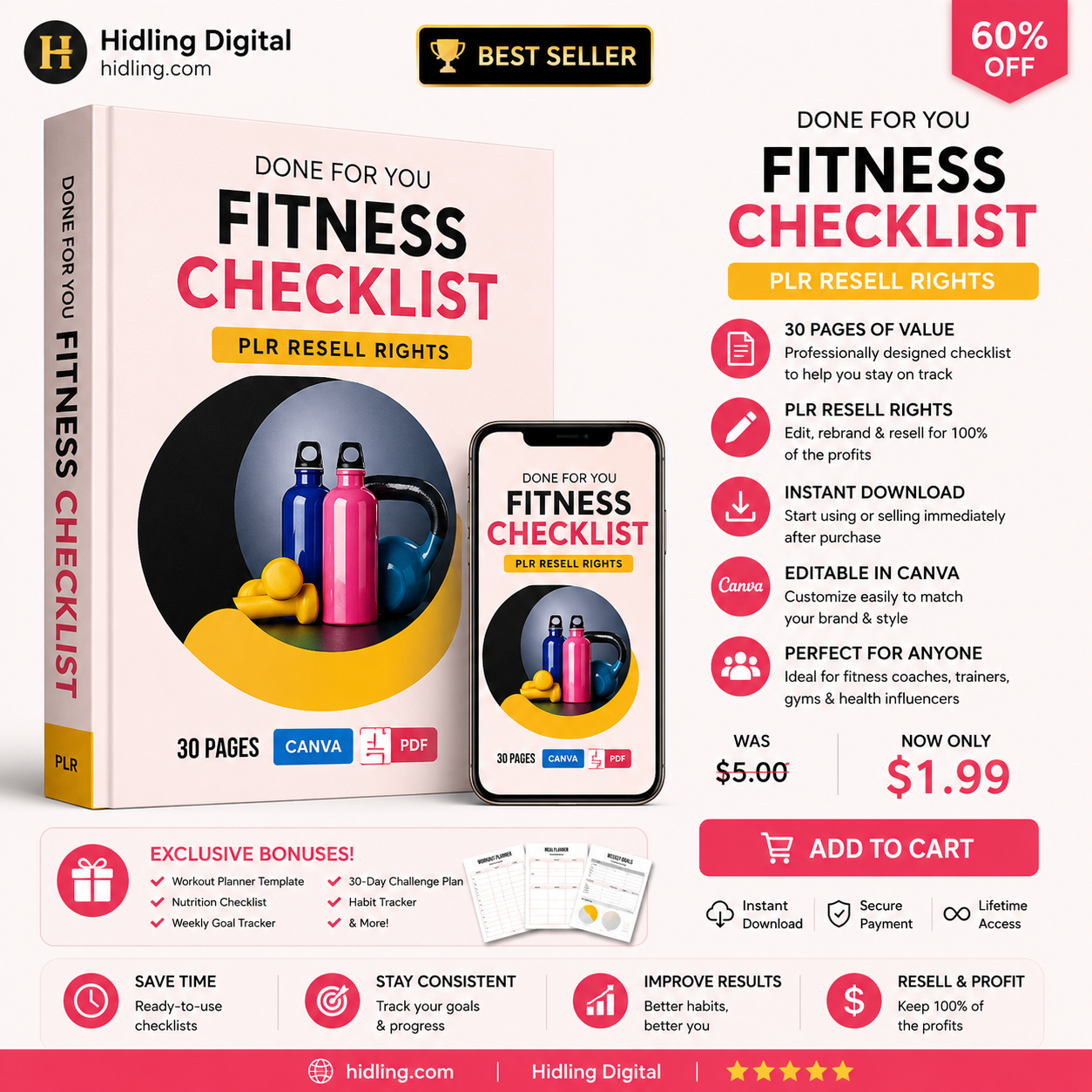 Fitness Checklist Planner with PLR Rights | Editable Canva Template & Printable PDF
